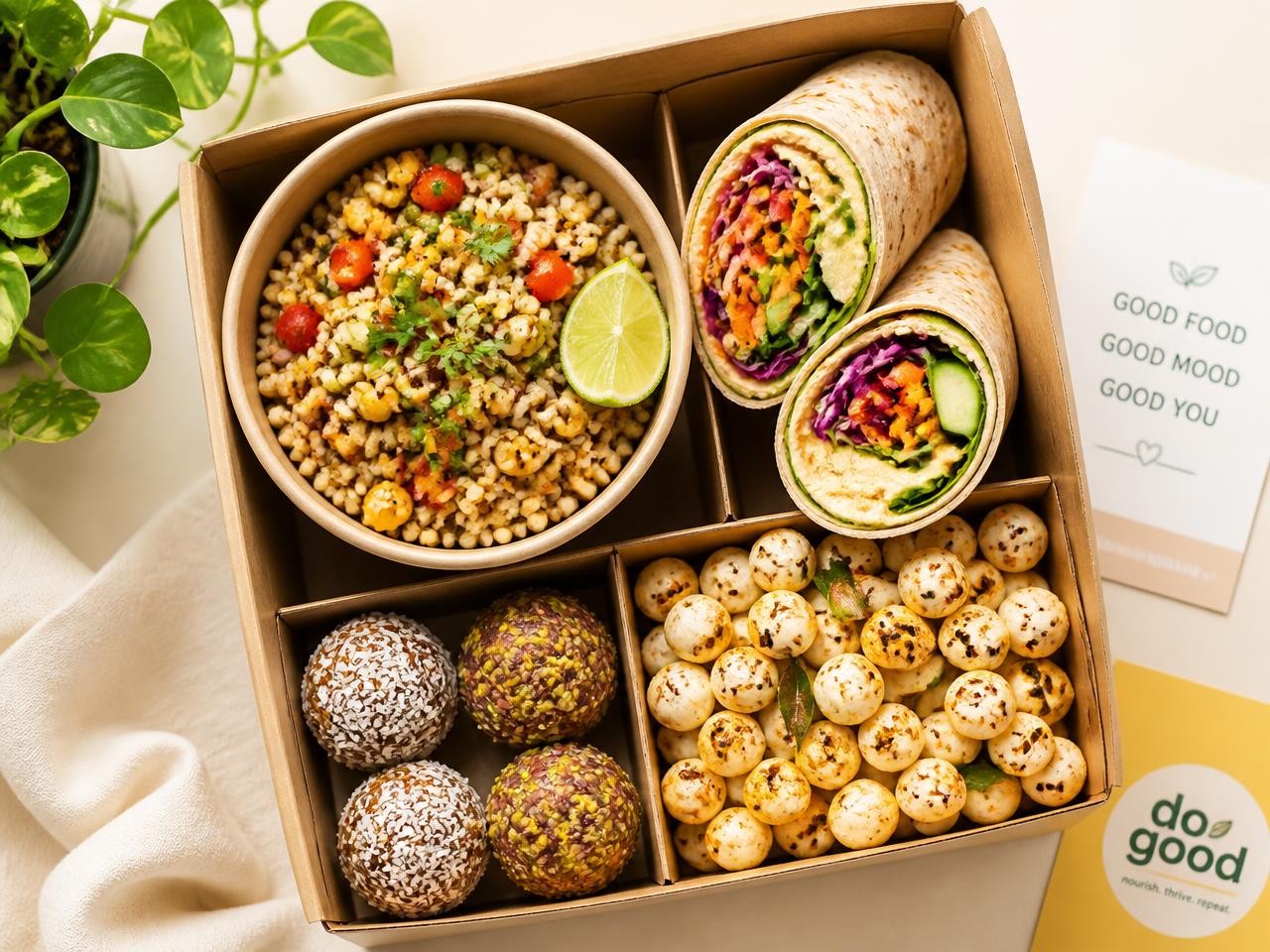Plant-based lunch box with a millet bowl, hummus wrap, roasted makhana and energy bites